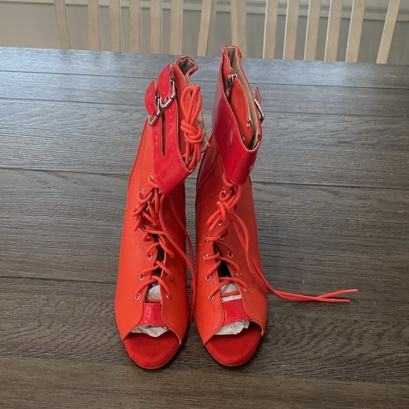 NWT BURJU Under The Influence Open Toe Lace Up Buckle Ankle Boots | Red … - Picture 9 of 11